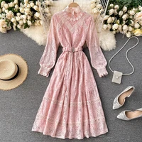 gentle wind dress womens autumn and winter new design hollow lace small stand up collar slim mid length fairy skirt