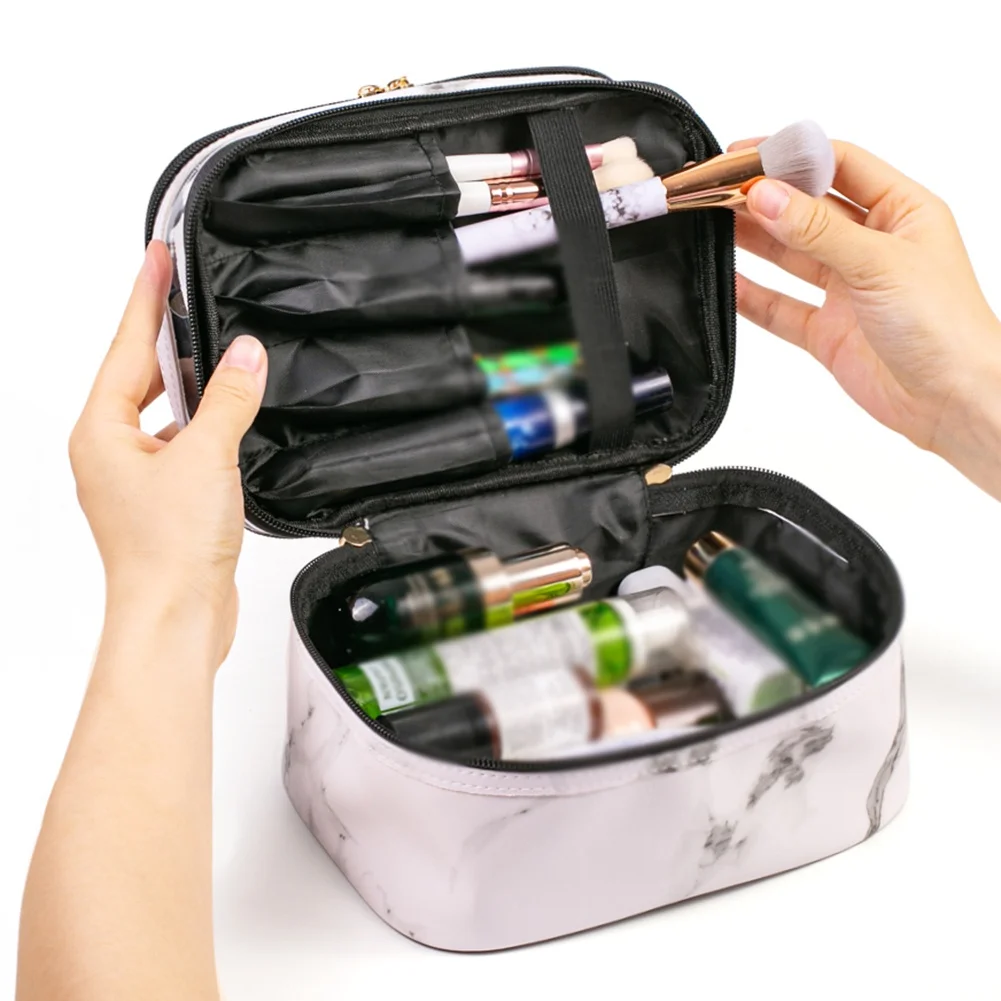 

Double Layer Waterproof Zipper Females Storage Make Up Cases Multifunction Marble Large Makeup Bag Organizer