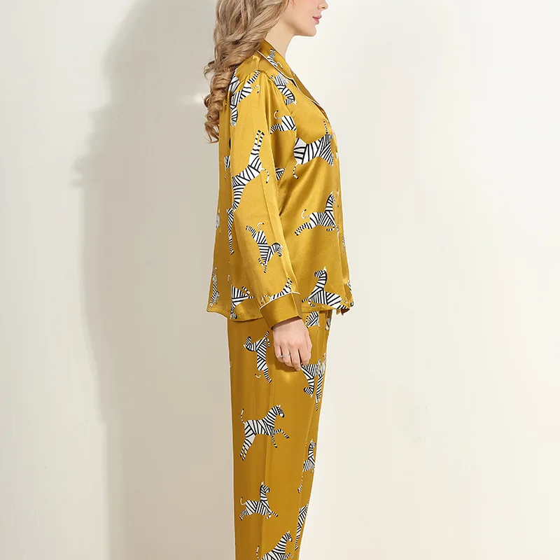 Womens Silk Satin Pajamas Pants Blouse Zebra Printing Pajamas Single Breasted V-neck Shirt Long Sleeve Sleepwear Silk Nightwear