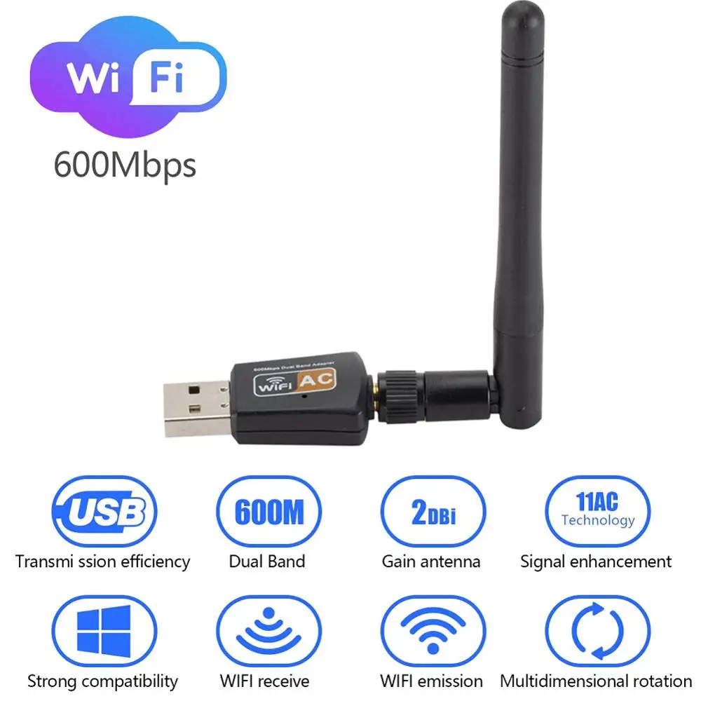 

2.4GHz/5GHz 600Mbps USB wifi Adapter AC600 WiFi with Antenna Dual Band PC Mini Computer Network Card Receiver 802.11b/n/g/ac