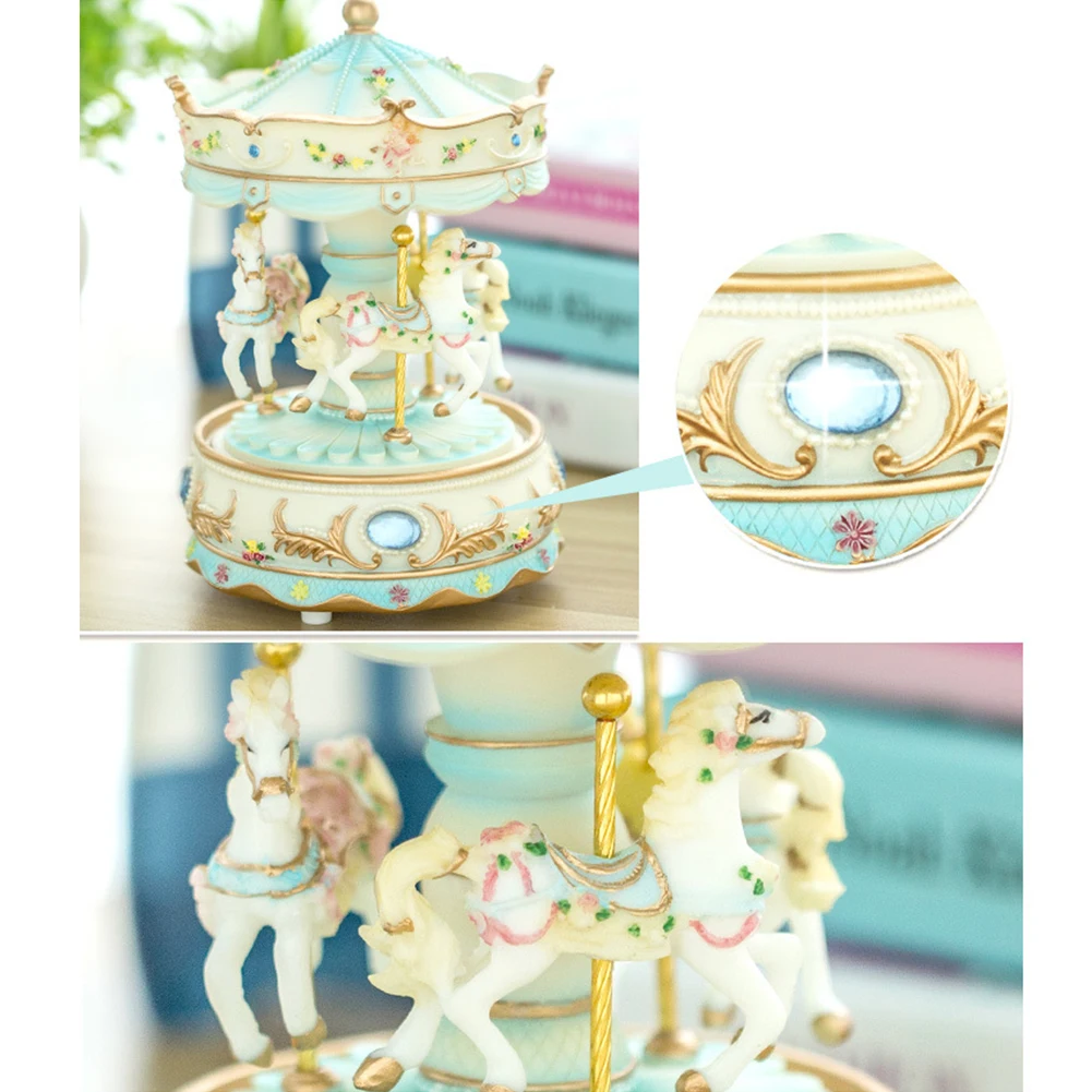 

LED Light Luxury Carousel Kid Wedding Valentine's Day Clockwork Mechanism Swivel Color Changing Craft Toys Resin Music Box Decor
