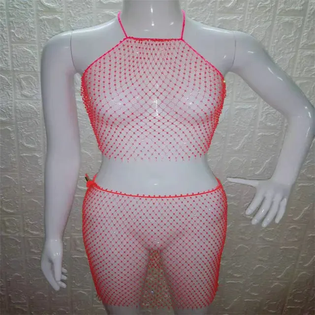 as PARAKINI Sparkly Crystal Diamonds Bikini Beach Women Dress Beach Cover Up Dresses Fishnet Cropped Top Two Pieces Set Beach Dress - Color: as