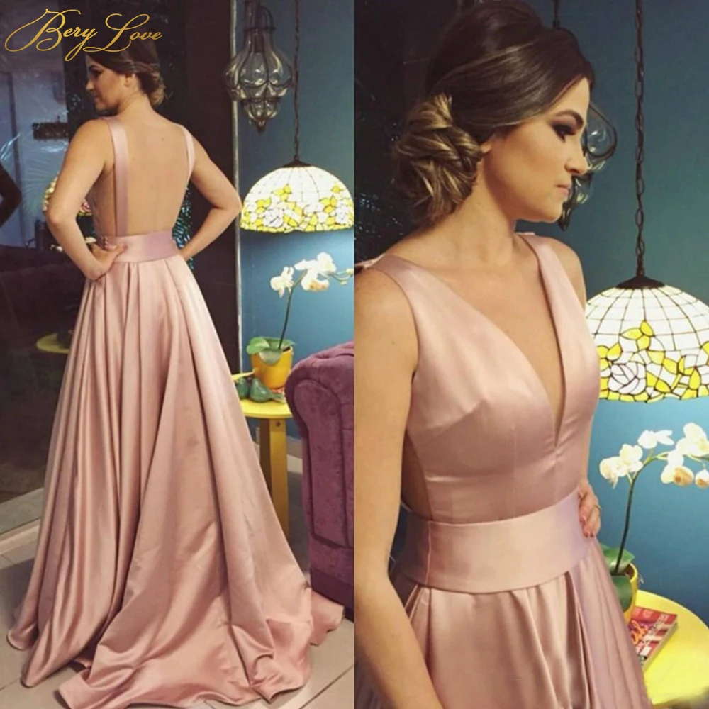 

BeryLove Pink Champagne Flowing Soft Satin Evening Dress 2019 V neck Tight Waist Open Back Formal Party Gown TrainRobe de soiree