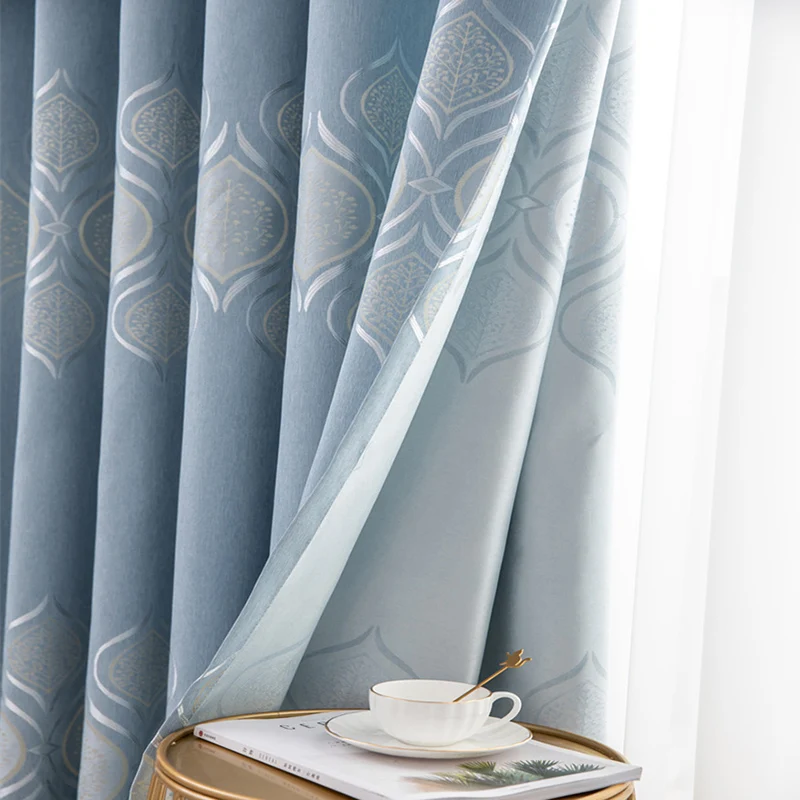 Роскошные шторы с листьями для Спальня синие жаккардовые геометрический