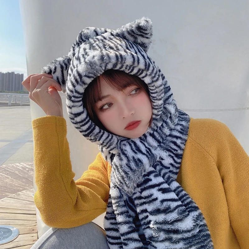 

Women Winter 2 In 1 Hooded Scarf Beanie Hat Zebra-Striped Cute Bear Ears Fuzzy Plush Earflap Cap Windproof Neck Warmer