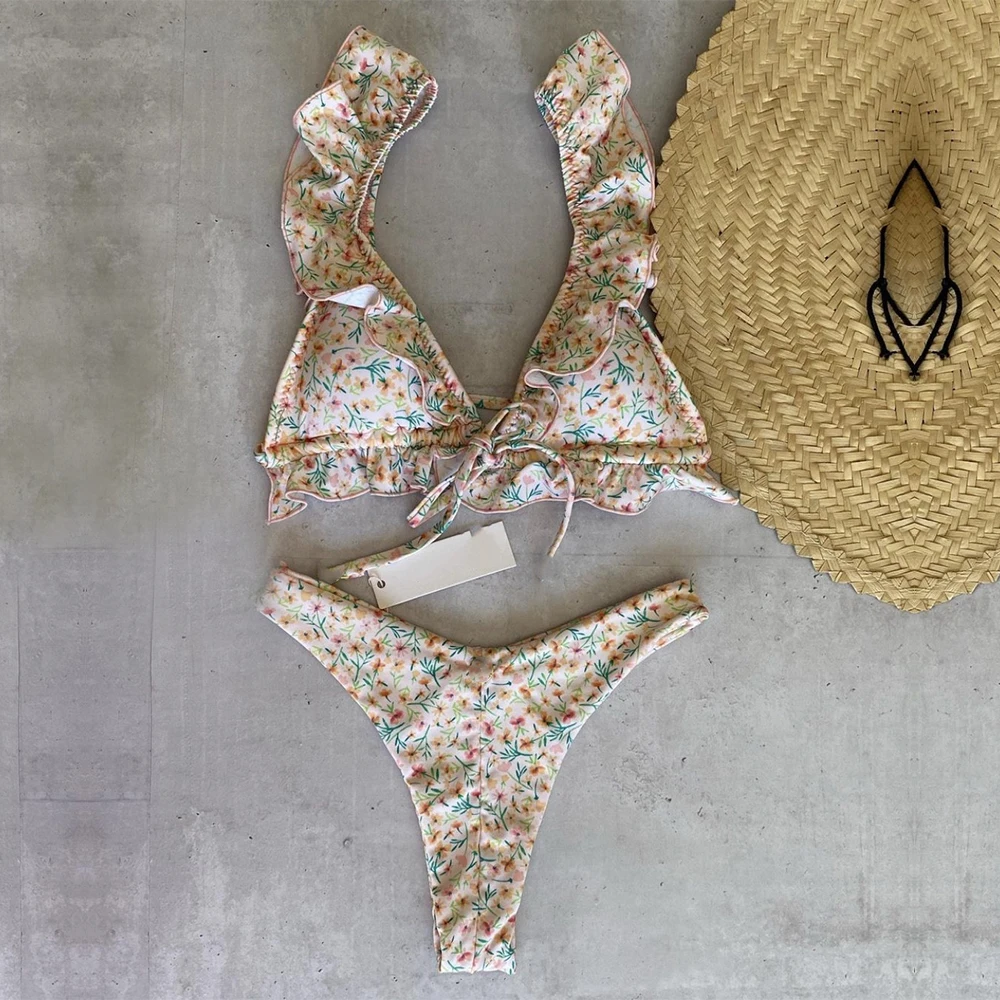 Женский летний пикантный купальник бикини с цветочным принтом и оборками