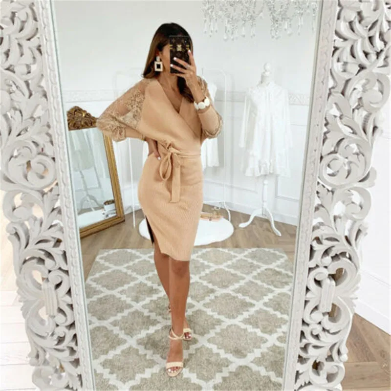 2019 Autumn Long Dresses For Women Solid Yellow Sashes Mini Casual V Neck Ruffles Elegant Evening Party Dress | Женская одежда