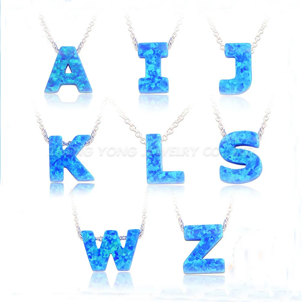 26 Letters Opal Necklace OP05 Blue Initial with Silver Plated Brass Chain |