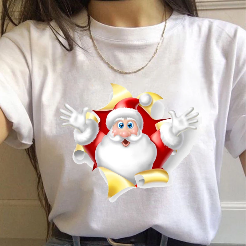 

Casual Large Size Female White Clothes Women Christmas Kawaii Elk Print Short Sleeve T-shirt Street Ladies Tops