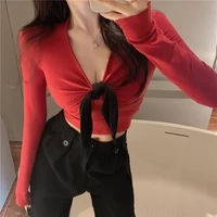spot chinese new womens fashionable pure color all match fashion slim bow decoration v neck short long sleeve t shirt jacket