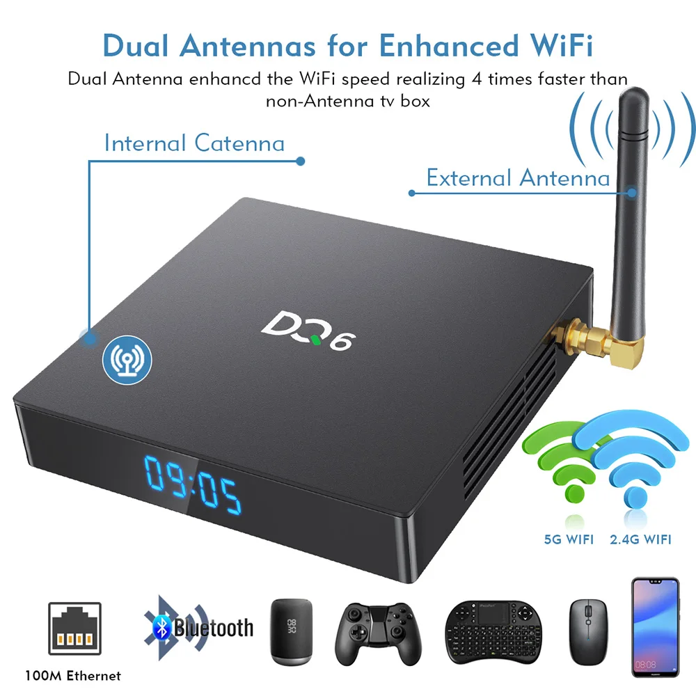 DQ6 Смарт ТВ приставка Android 10 0 4G 32G с двумя камерами процессор Rockchip RK3318 Bluetooth 5G