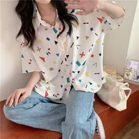 ins spring summer vintage geometry print female blouse autumn fashion loose long sleeve shirts women men tops couples 2021 new