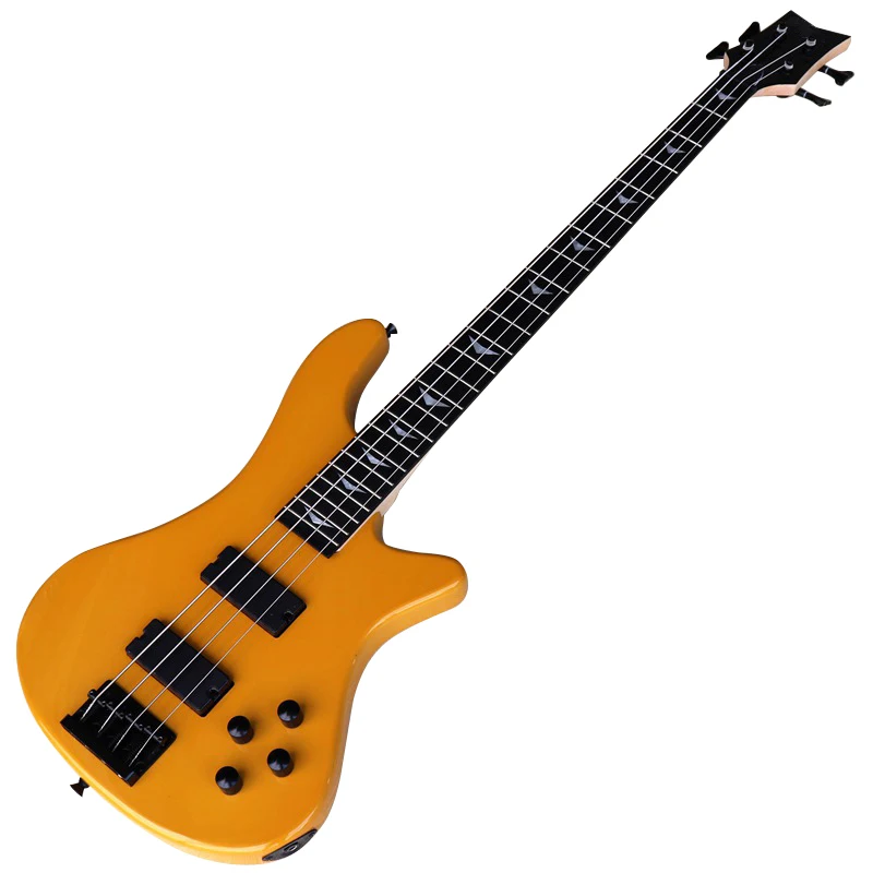Оранжевая электрическая бас-гитара 4 струны без ладов корпус из цельного