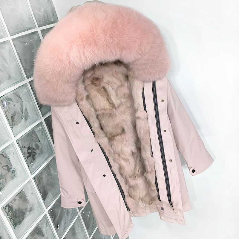 Plus Size Real Fur Coat Waterproof Parka Mujer Winter Jacket Women Natural Fox Fur Collar Liner Hood Thick Warm Outerwear Hat - Color: MiddleLong Pink