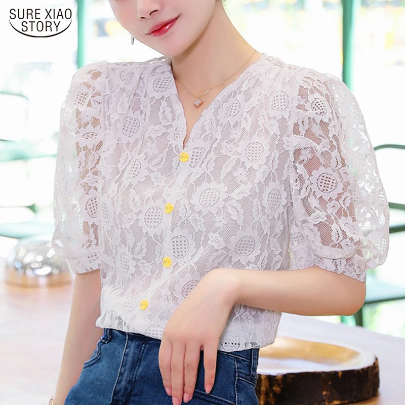 

Blusas Mujer De Moda 2021 Summer Sexy Lace Puff Sleeve Women Shirt Elegant V-Collar Short Sleeve Fashion Blouse Tops 9667