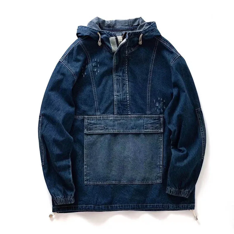

Hip Hop Vintage Cargo Denim Jackets Hooded Streetwear Washed Multi Pockets Jeans Coats For Male Outdoor