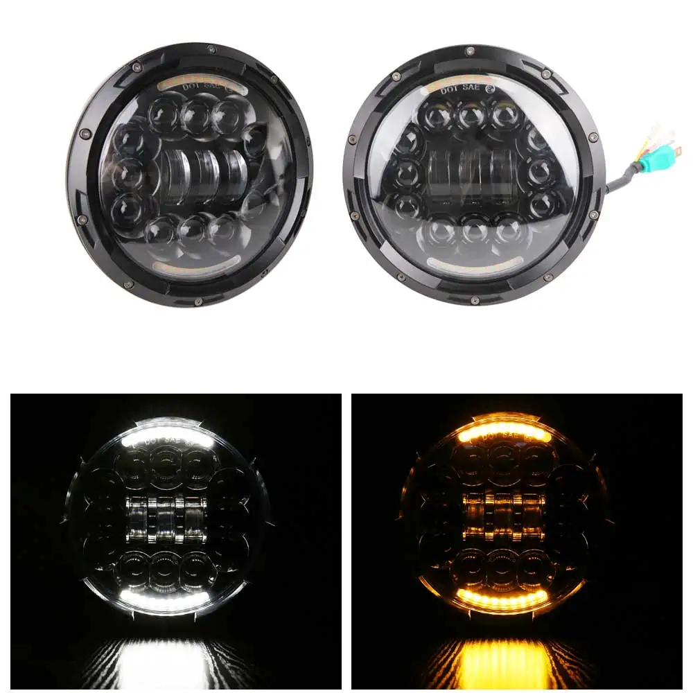 90w black " круглый светодиодный Белый DRL/Янтарный указатель поворота для Hummer H1 H2 H3 светодиодный проектор DRL 7 дюймов налобный фонарь Lada Niva 4x4 - Color: 90w black