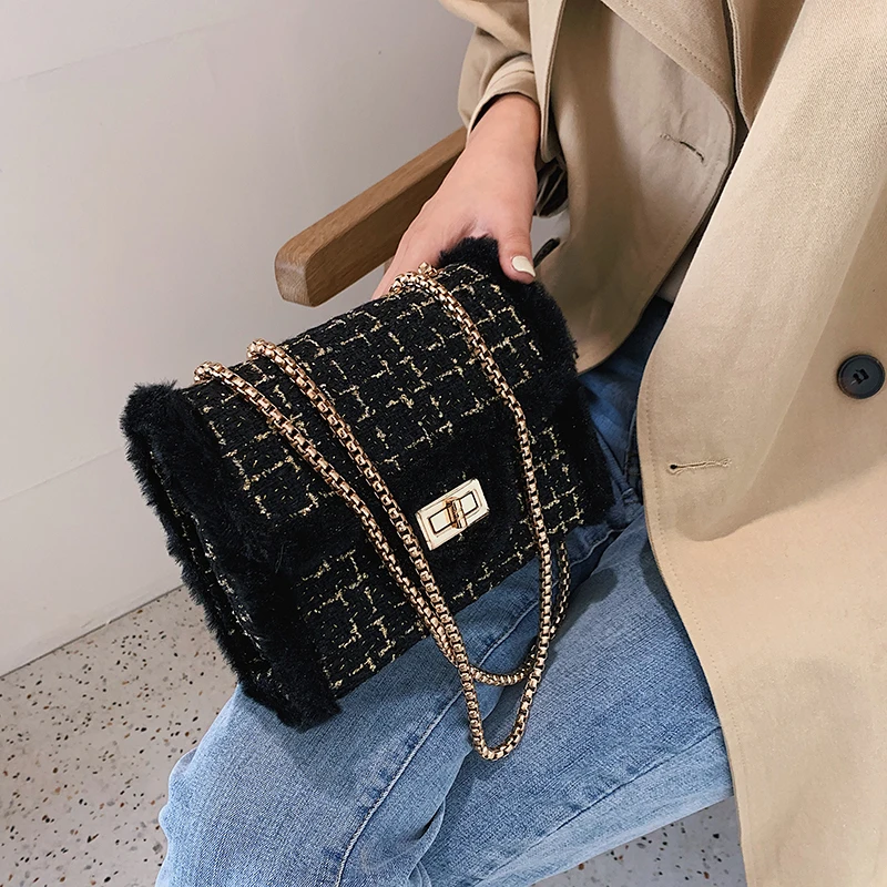 

Winter Tweed Crossbody Bags For Women 2021 Chain Handbag New Brand Female Shoulder Messenger Bag Luxury Small Women's Bag