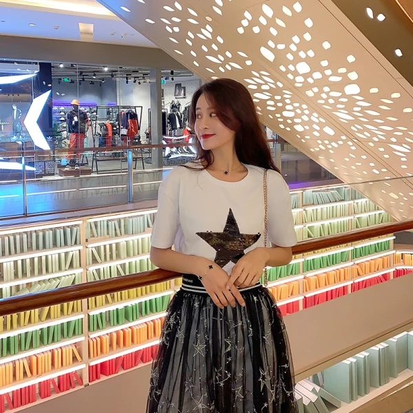 Новинка 2020 весенне летние модные женские комплекты пентаграмма блестки футболка