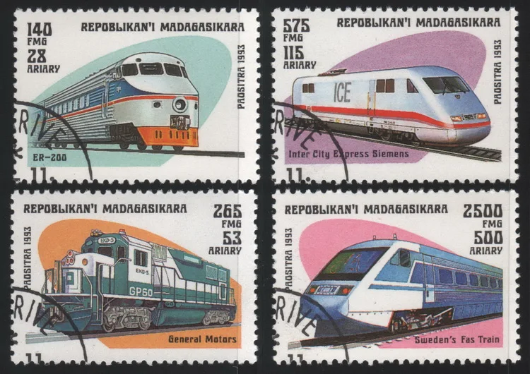 

4Pcs/Set Madagascar Post Stamps 1993 Train Used Post Marked Postage Stamps for Collecting