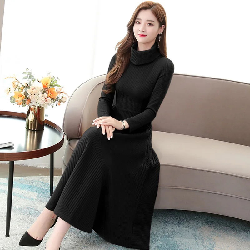 

Women Turtleneck Slim Knitted Dress Fashion Ladies Autumn Winter Warm Elegant Sweater Dresses Female Temperament Dresses R608