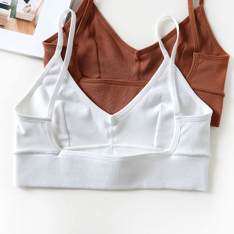 

New Fine Ribbed Low Back Sexy V-neck Bra Set Without Steel Ring Bra Set Shoulder Thin Sling Underwear