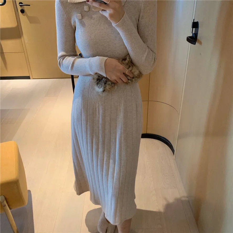 

elegant slim long Sweater dress women Soft knit Autumn Winter dress female Slim A-line basic dress casual