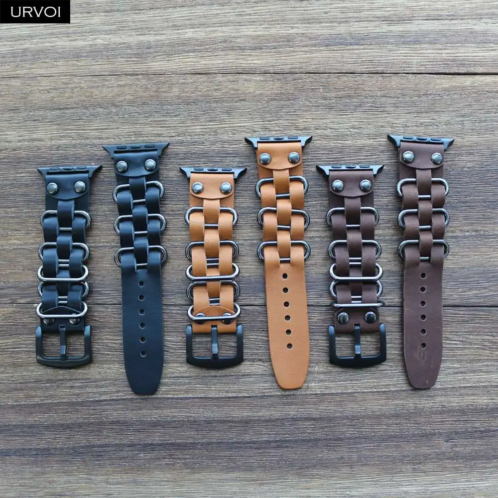 Ремешок URVOI для Apple Watch series 5 4 3 2 1 из натуральной кожи с кольцами ремешок iWatch 40 44 мм