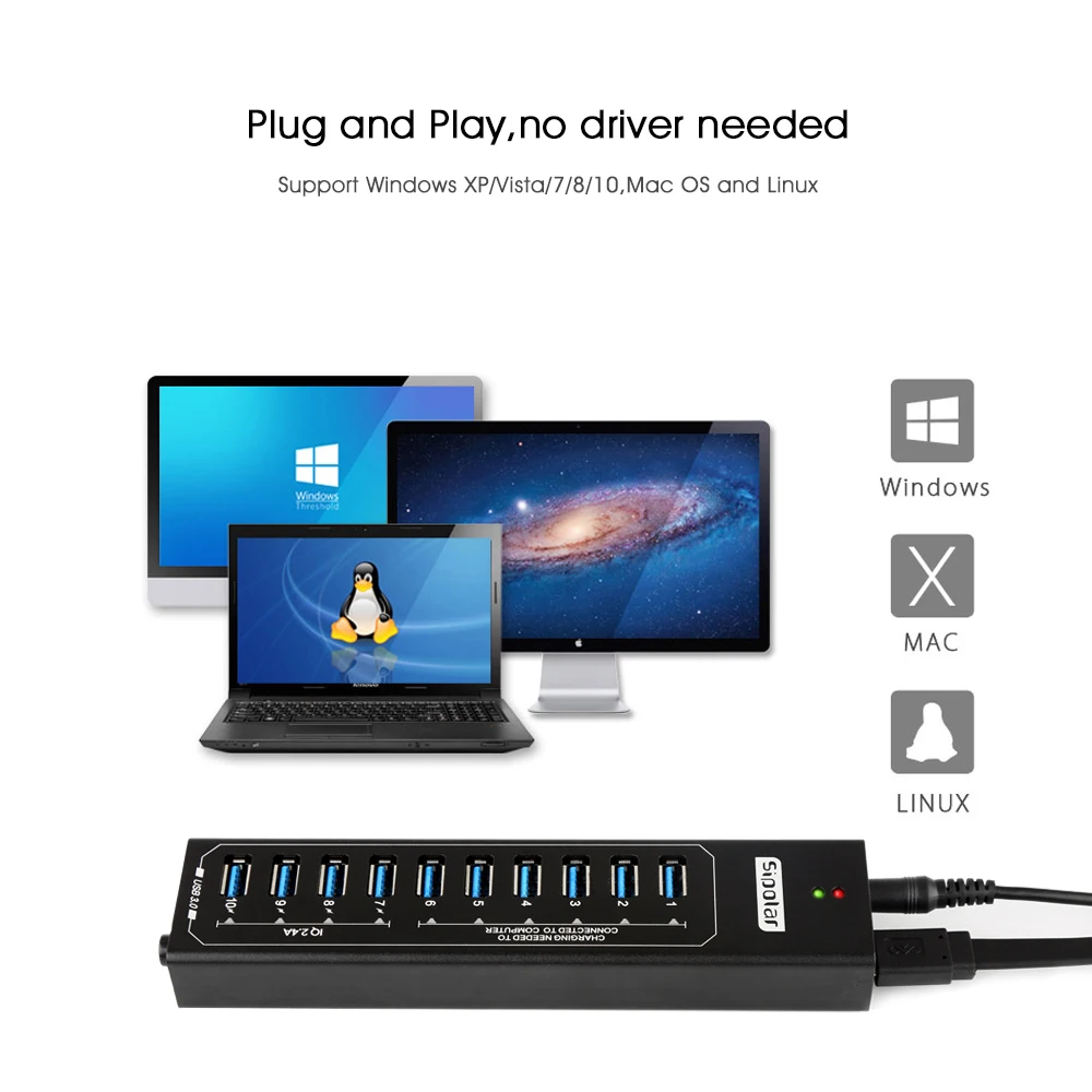 Sipolar Metal 10 портов usb 3,0 концентратор с 12V3A адаптер питания 2.4A usb зарядное устройство концентратор usb зарядная станция для ПК телефона ноутбука