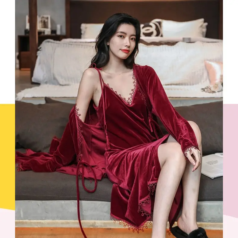 Robe Sets Long Section Red Robe Wedding Bridesmaid Winter Velvet Pajamas Autumn Winter Two Sets Sexy Nightwear Sleepwear Women