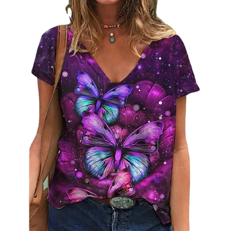 

2021 European and American women's cross border new V-neck butterfly print short sleeve T-shirt
