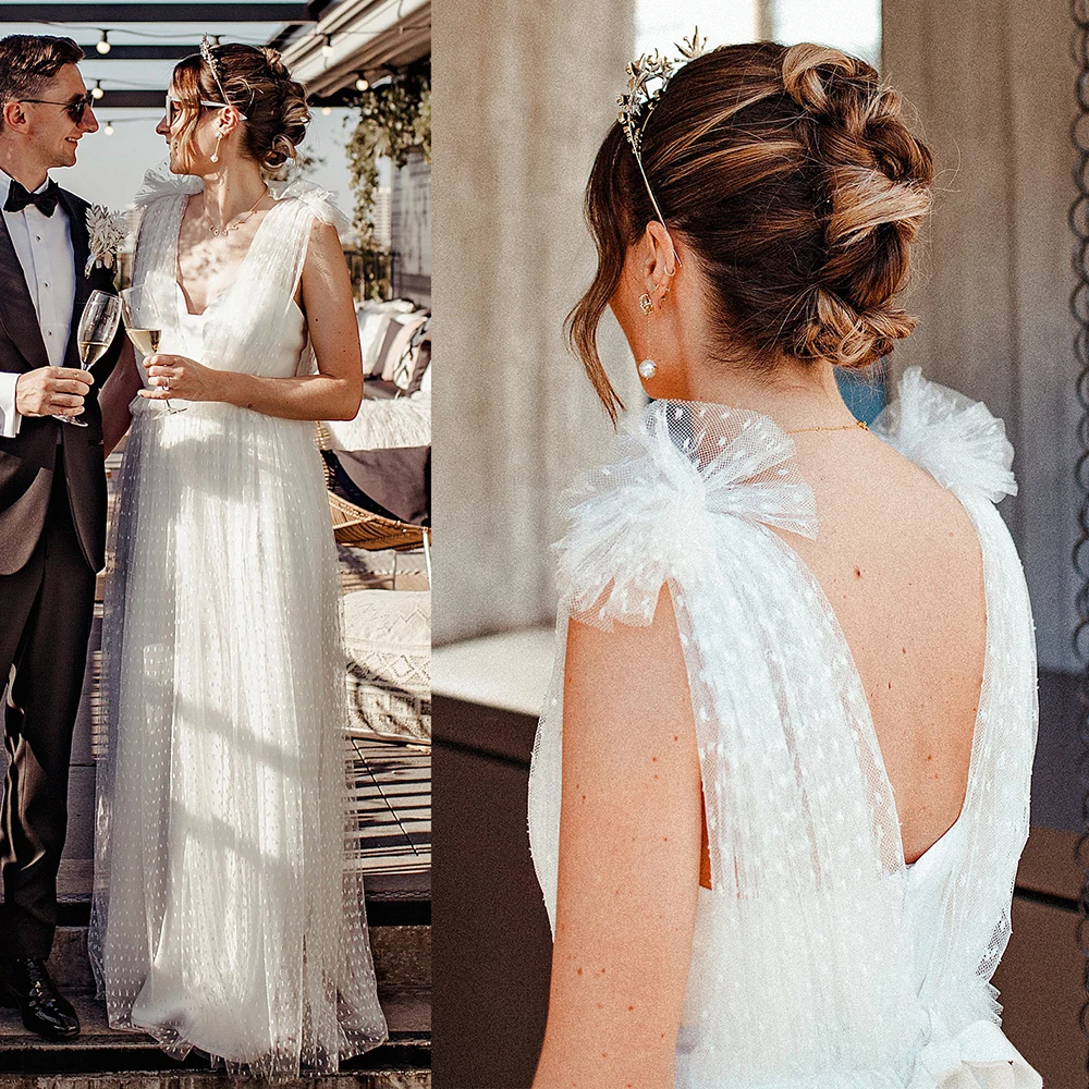 

Тюль в горошек без рукавов, V-образный вырез, оформление под заказ, большие размеры, открытая спина, ТРАПЕЦИЕВИДНОЕ свадебное платье до пола