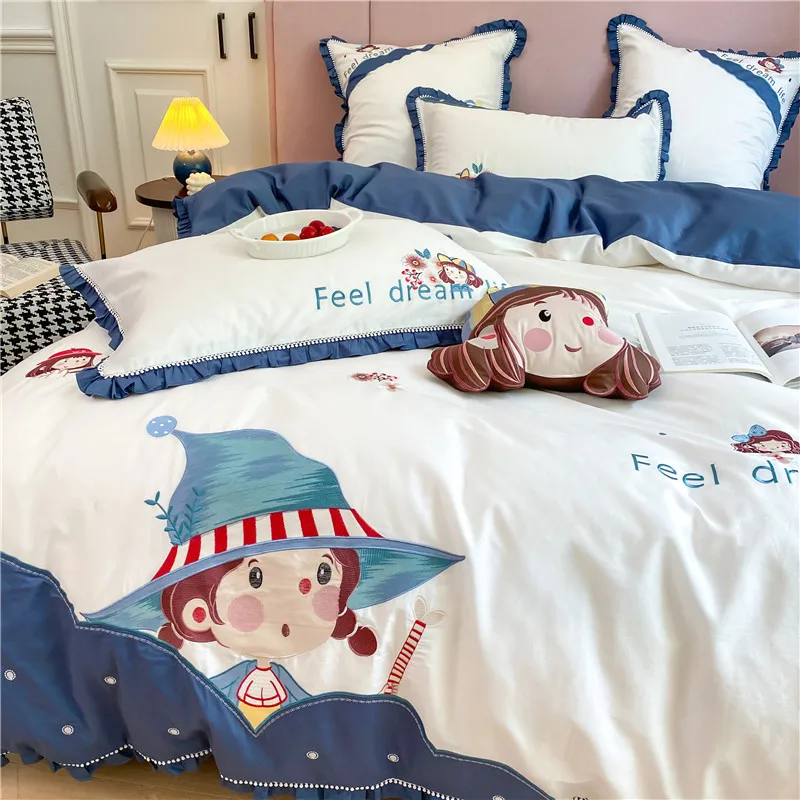 4-7Pcs Cartoon Comforter Bedding Sets Printed Duvet Cover 240x220 Embroidery Cotton Quilts Home Pillowcase