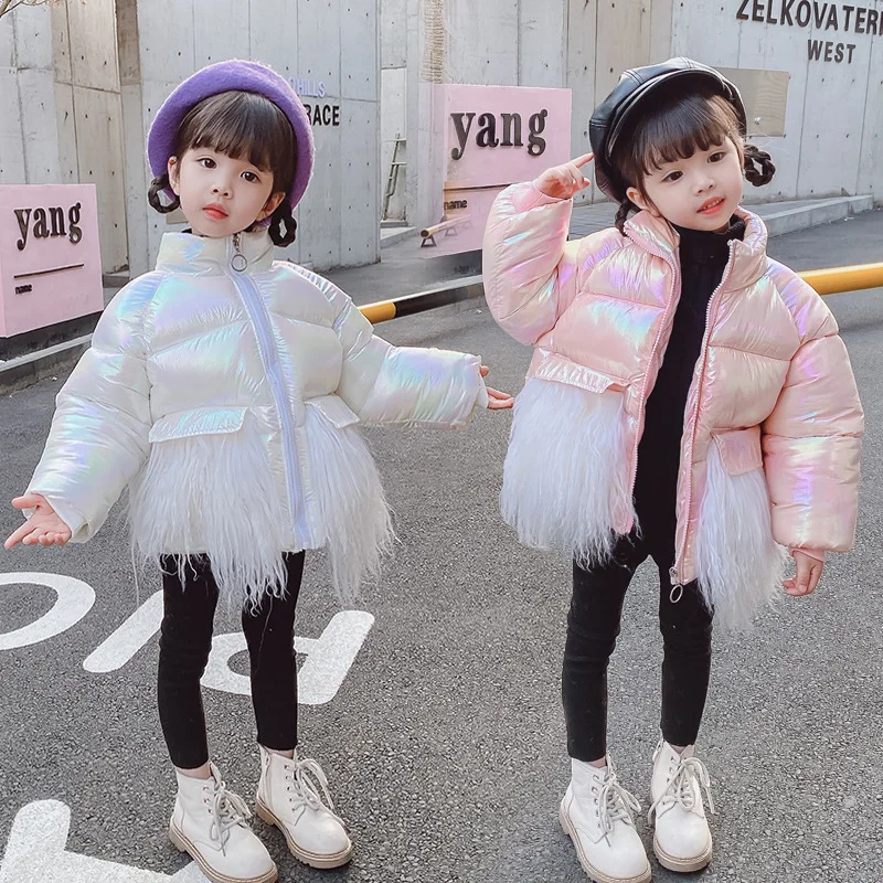 

Toddler Girls winter coat shiny Silver pink snowsuit kids down jacket Boys Hooded Coat parka children Outerwear wear fur jacket