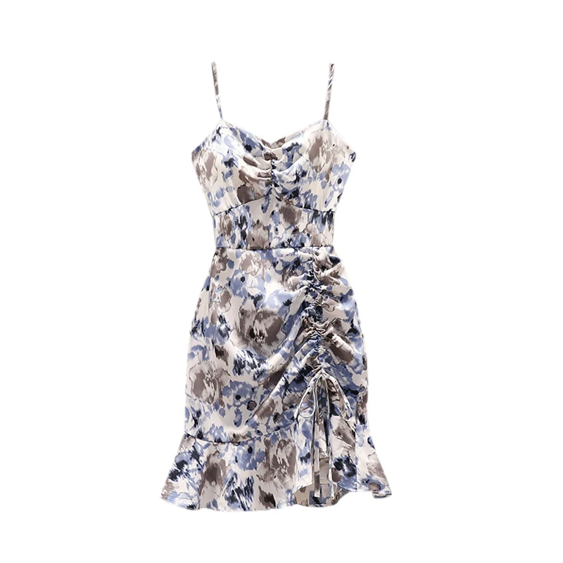 

Summer Vintage High Waist Chiffon Dress Chic Print Shirring Spaghetti Strap Dress Elegant Women's Plus Size Clothes Robe Femme
