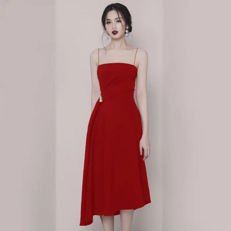 Черный Спагетти ремень женские вечерние миди платье взлетно посадочной полосы