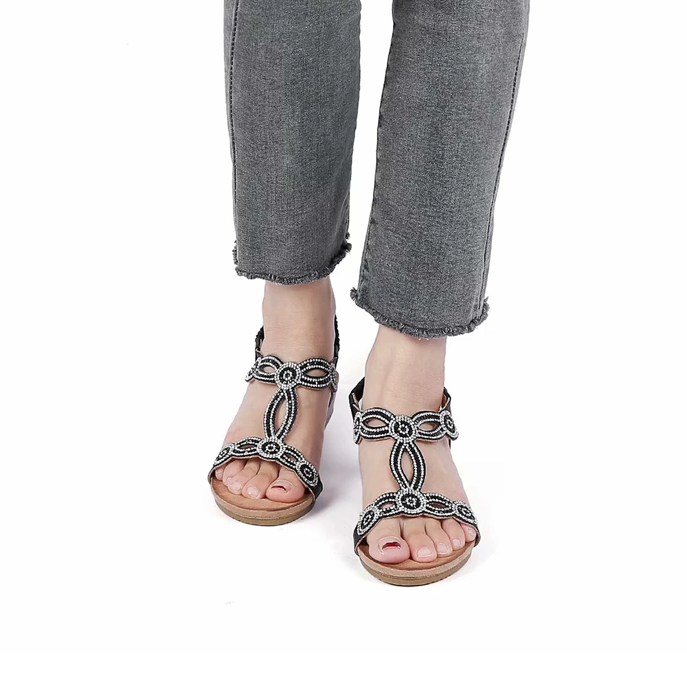 

Womens Wedge Dress Sandals Comfortable Bohemia Crystal Flowers Rhinestone Beach Ladies Shoes