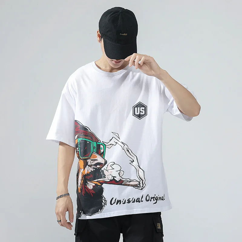 

Футболка мужская повседневная с мультяшным рисунком, футболка с коротким рукавом в стиле хип-хоп из 100% хлопка, цвет белый и черный, на лето