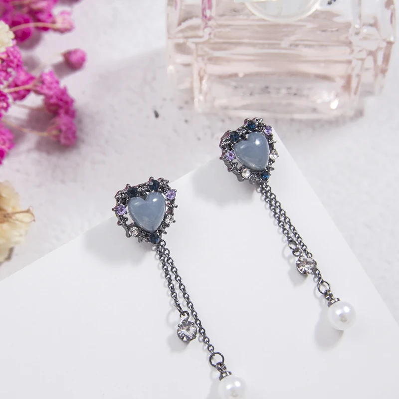 Модные корейские висячие серьги с блестящими кристаллами Love Heart длинная цепочка