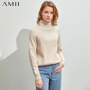 Женский минималистский свитер Amii, осенне-зимний пуловер с высоким воротником и льняным рисунком, топы 11920178