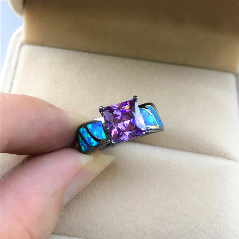 

Cute Female Small Square Crystal Ring Charm 14KT Black Gold Color Wedding Rings For Women Dainty Blue Opal Engagement Ring
