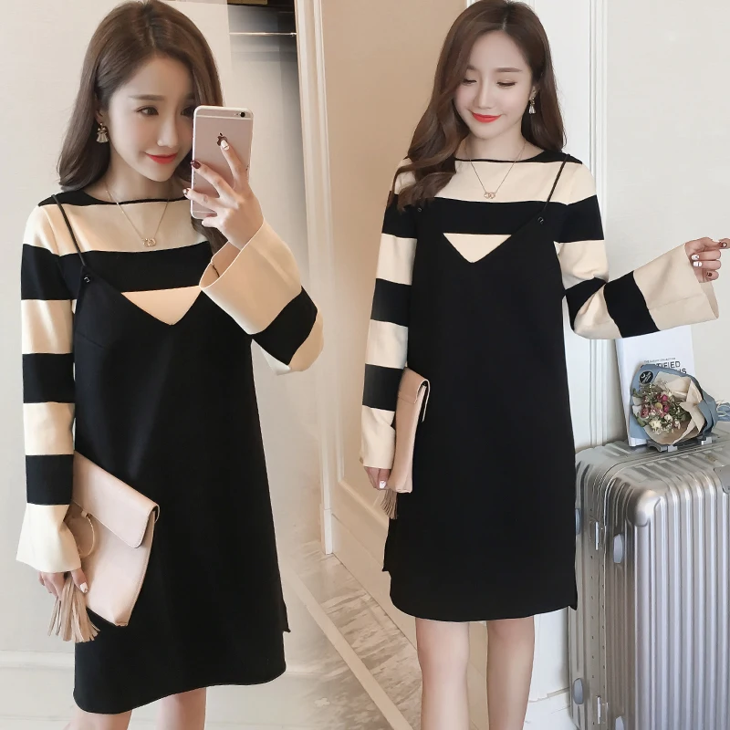 Консервативный стиль для беременных Полосатое трикотажное платье костюмы