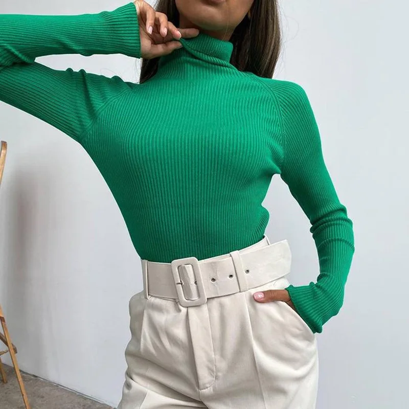 BoozRey Fall Winter Fashion Turtleneck Sweater Women Y2k Long Sleeve Top Clothes Slim Knitted Green Bottoming Shirt Sweaters