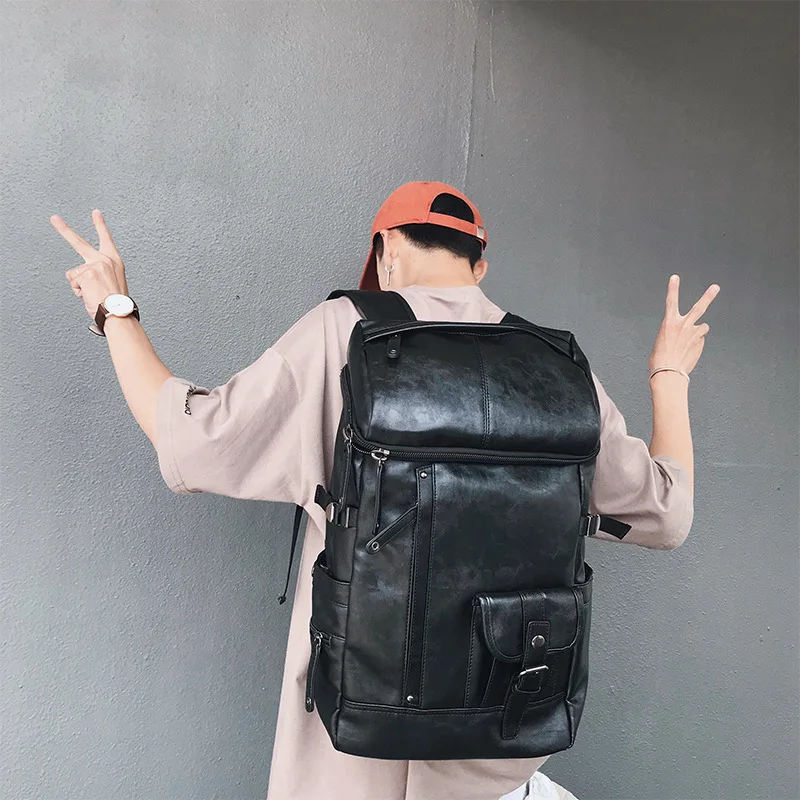 

2021 New Soft Leather Backpack for Men Travel Large Capacity Multi Pocket Design Daypack Teenager Student Schoolbag Trendy