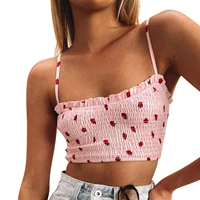 women close fitting sleeveless crop tops pink strawberry printed pattern boat neck camisole
