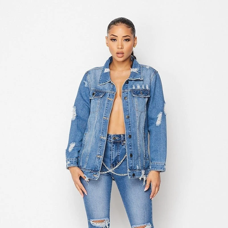 

Ripped Jeans Jacket For Women 2021 Sexy Fashion Backless Chain Denim Coat Light Blue Outwear Y2k Aesthetic Streetwear Plus Size
