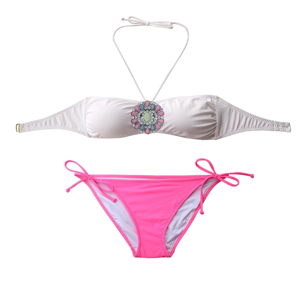 Women Designs Girl Crystal Diamond Bikini  White Top Pink Bottom Swimsuit Biquini Brazilian Bathing Suit Sexy Swimwear
