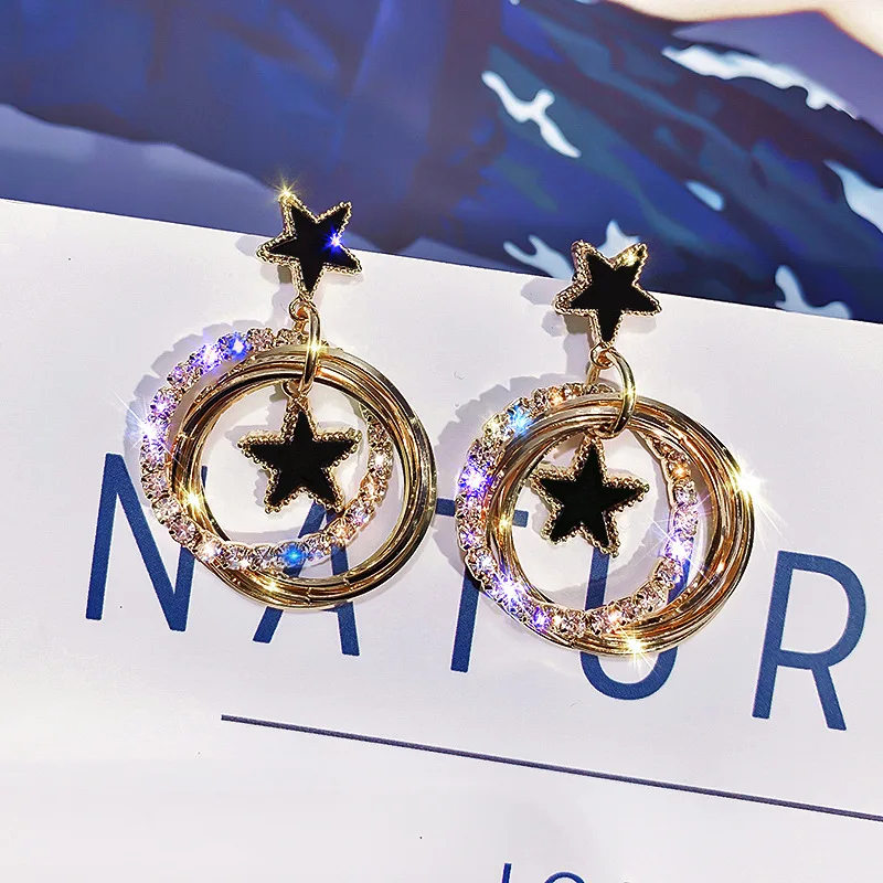 FYUAN Fashion Gold Color Multilayer Circles Geometric Drop Earrings Black Round Rhombus Star Crystal Earrings lady Party Jewelry