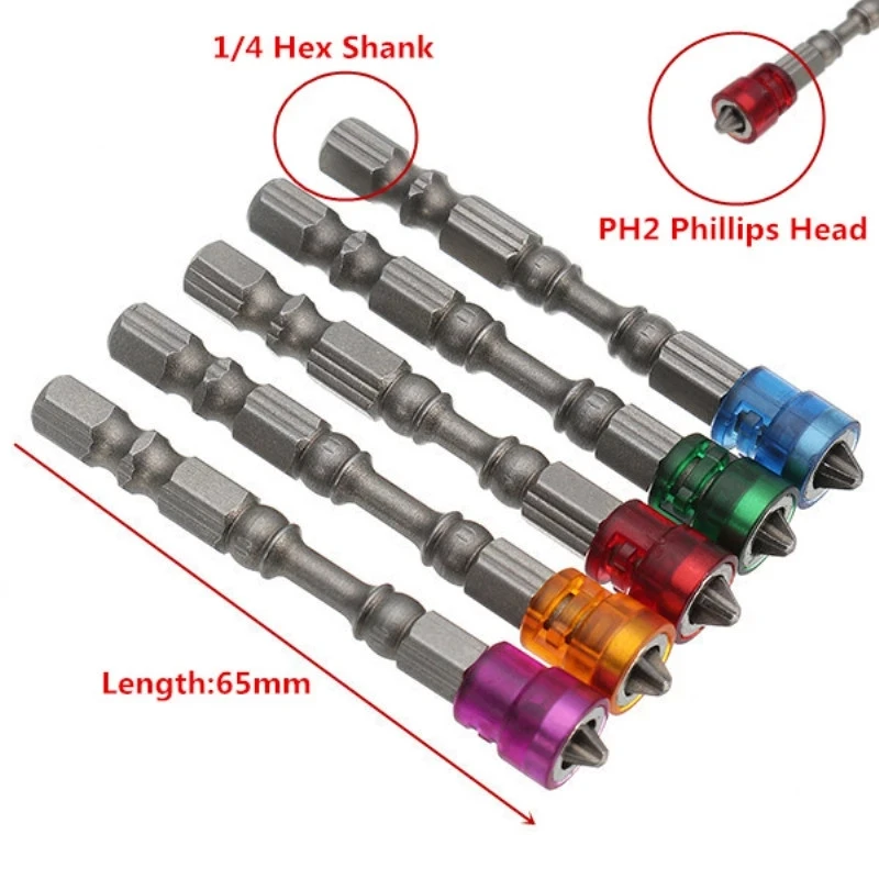 

5Pcs S2 Alloy PH2 Phillips Single Head Magnetic Screwdriver Bits Anti-Slip 1/4 Inch Hex Shank Drywall Electric Screwdriver Set