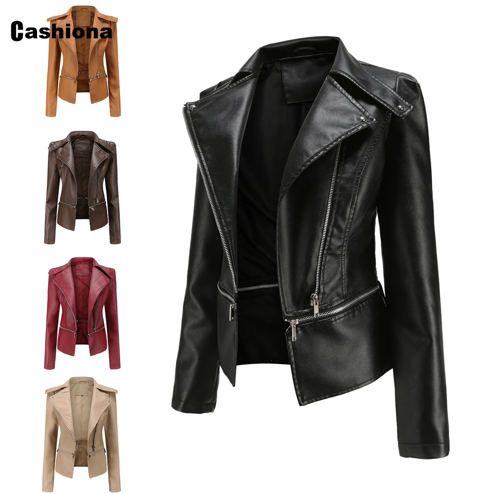 Enlarge Cashiona Plus Size 3xl Women Pu Leather Jacket 2021 Autumn Ladies Patchwork Zipper Epaulet Top Outerwear Female Short Jackets